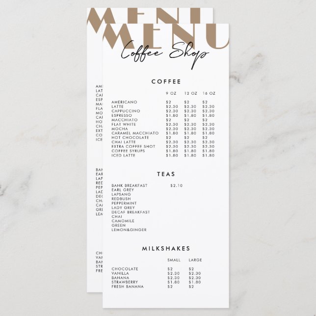 2 sidig modern minimalist meny för kafé (Fram/baksida)