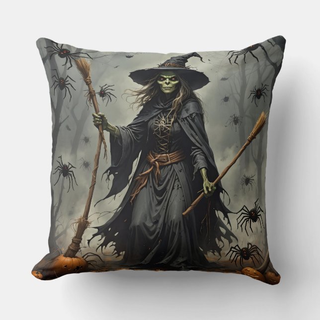 2-sidig Scary Witch and Skeleton Man Kudde (Framsida)