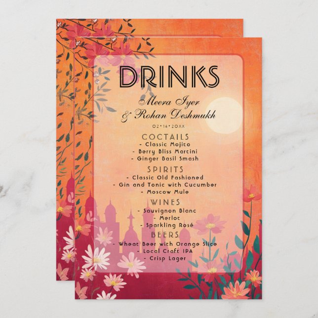 2-sidig solnedgång Sergranat Bröllop Menu Meny (Fram/baksida)