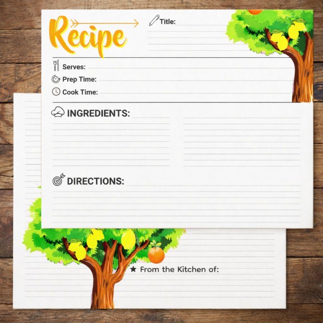 2-sidigt tomt - Elegant receptkort för citrontre (watercolor lemon recipe cards, refill recipe binder sheets, handwritten recipe keepsake gift)