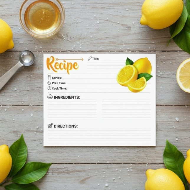 2-sidigt tomt - Modernt receptkort för citron (printable recipe card template)