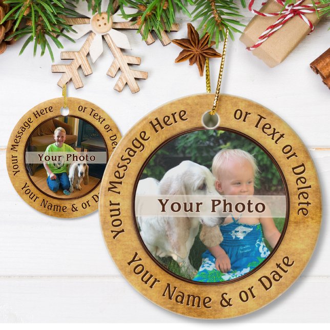2 Sidofotomornament. 6 textrutor, 2 Bilder Julgransprydnad Keramik (Two Sided Personalized Ornaments. Personalized Photo ornaments 2 sided. Double sided Ornaments.)