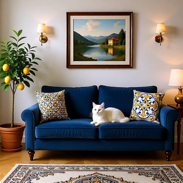 💙 2 sidor (blått) och gult Azulejos 9 Pil Kudde (2 sides blue and yellow Azulejos 9  Throw Pillow)