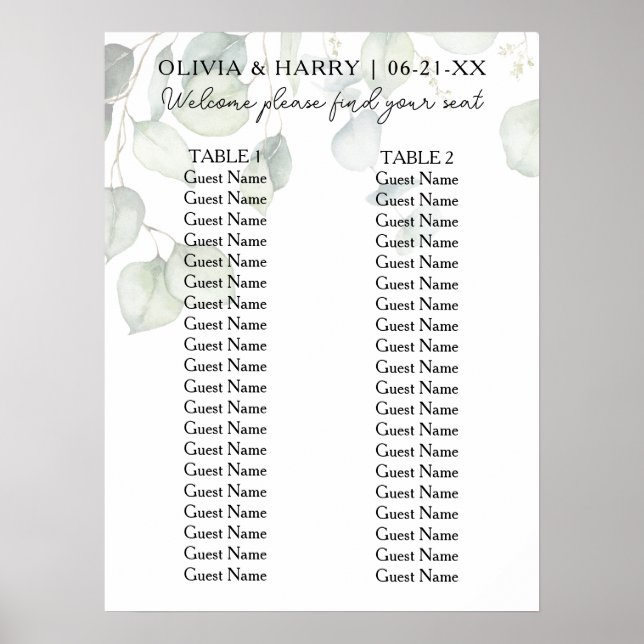 2 sjöfärgsdiagram för Ecalyptus Bröllop Poster (Framsidan)