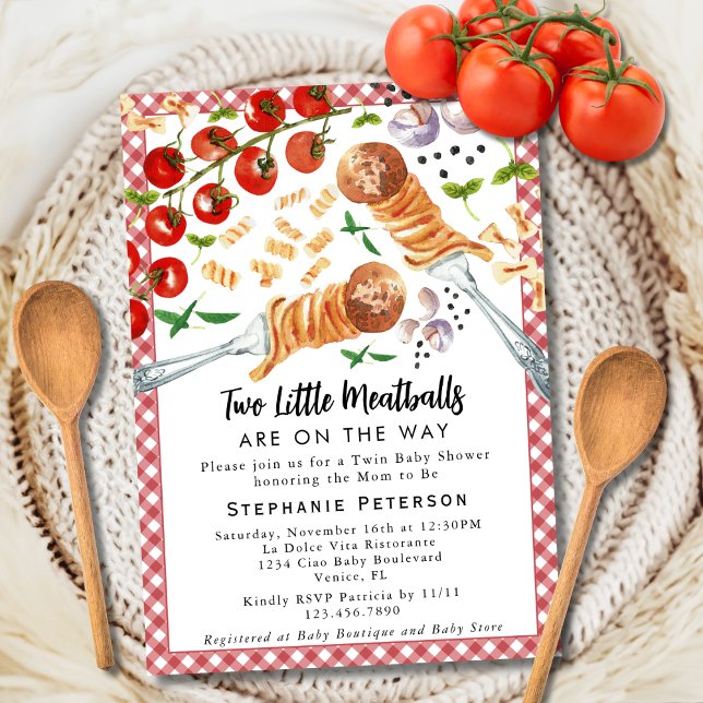 2 små köttbollar är på väg mot en tvillingbabydusc inbjudningar (Skapare uppladdad)