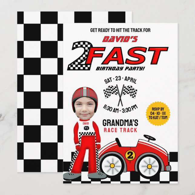 2 Snabb Födelsedagsfest - Tävling-bildrivrutin Inbjudningar (Fram/baksida)