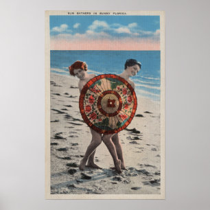 2 solbada kvinnor & asiatiskt paraply, Florida Poster