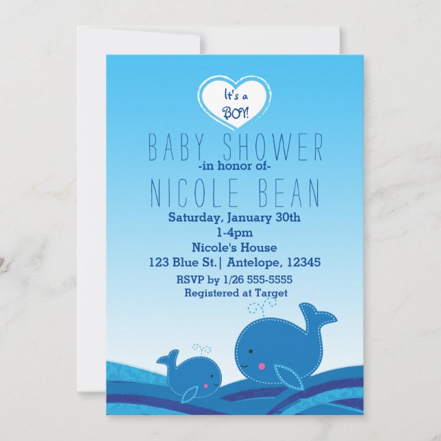 2 söta blå valar Baby Shower-partyinvitationer Inbjudningar (Framsida)