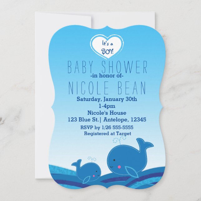 2 söta blå valar Baby Shower-partyinvitationer Inbjudningar (Framsida)