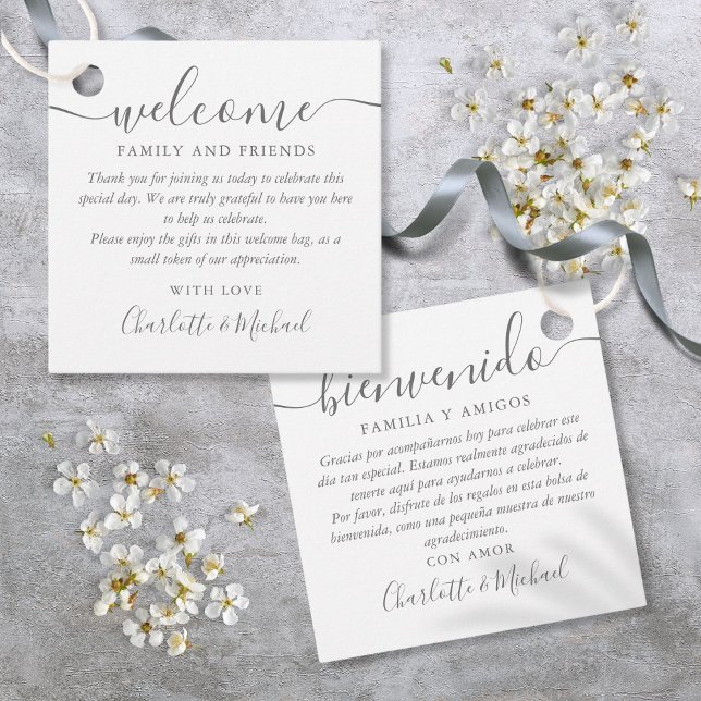 2 språk Bröllop Välkomstpresent Korgpåse Gåvor Etiketter (2 Language Wedding Welcome Gift Basket Bag Favor Tags)