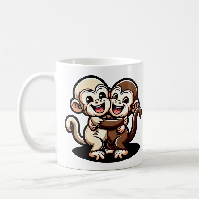 2 Süße Kapuziner Äffchen umarmen sich liebevoll Kaffemugg (Vänster)