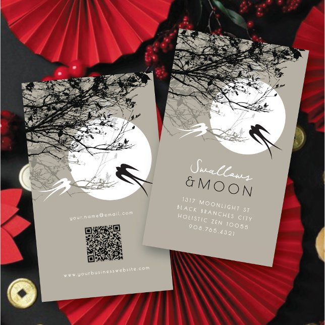 2 Svalar & Grenar i Månsken Modern Zen Grå Visitkort (2 Swallows & Silhouette Branches in Moonlight Grey Modern Zen Business / Profile Card @ fat_fa_tin)