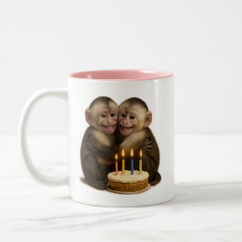 2 sweet Capuchin monkeys lovingly embrace + cake Två-Tonad Mugg