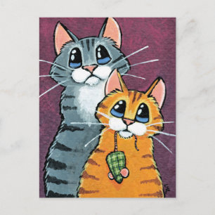 2 Tabby Katter med Toy Mus Illustration Vykort