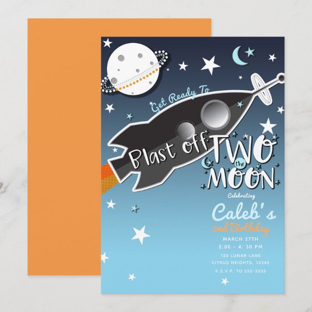 2 Till Månen Raket Skepp Rymd Födelsedagsfest Inbjudningar (Fram/baksida)