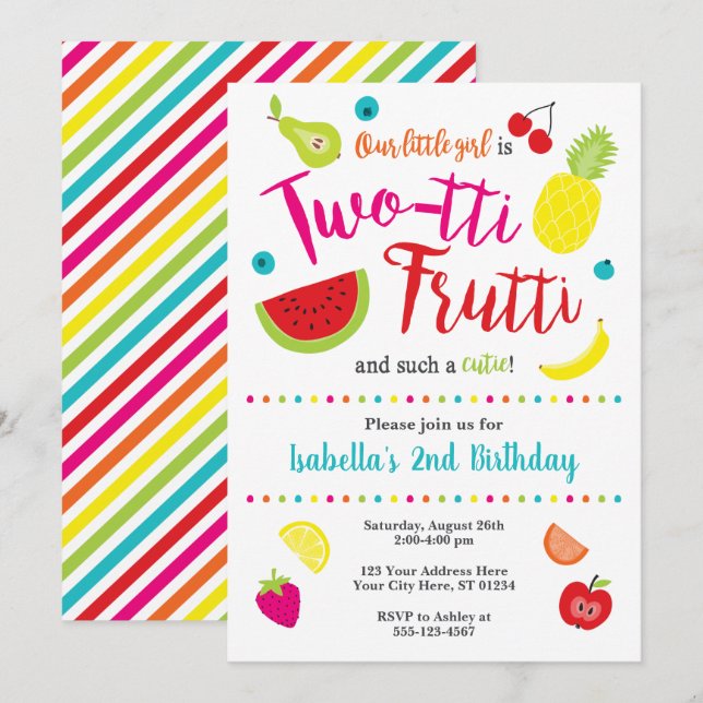 2-tti Frutti Birthday-inbjudan | Andra födelsedage Inbjudningar (Fram/baksida)