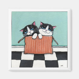 2 Tuxedo-katter i en låda | Katt Art Magnet