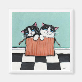 2 Tuxedo-katter i en låda | Katt Art Magnet