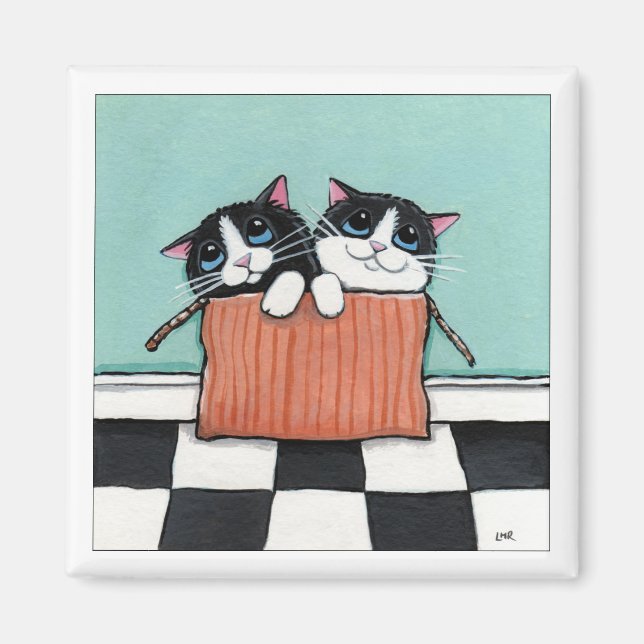 2 Tuxedo-katter i en låda | Katt Art Magnet (Framsidan)