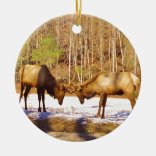 2~ två Bull Elk i snö Julgransprydnad Keramik