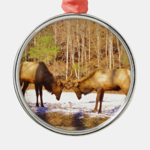 2~ två Bull Elk i snö Julgransprydnad Metall