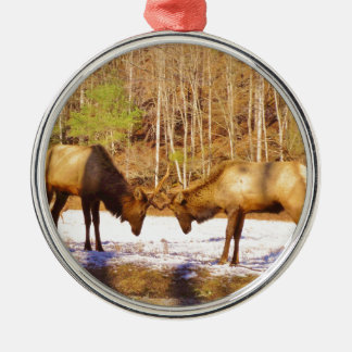 2~ två Bull Elk i snö Julgransprydnad Metall