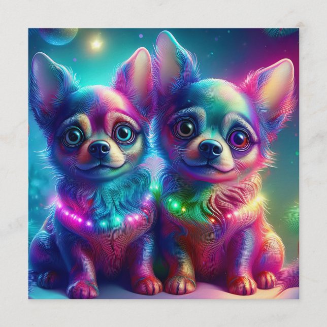 2 unga chihuahua-valpar i färgglad julscen inbjudningar (Framsida)