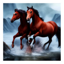 2 Vacker vild kastanjhäst i floden