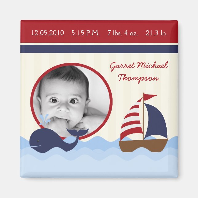 2"x2" Ahoy Nautical Whale BirthAnnouncement Magnet (Framsidan)