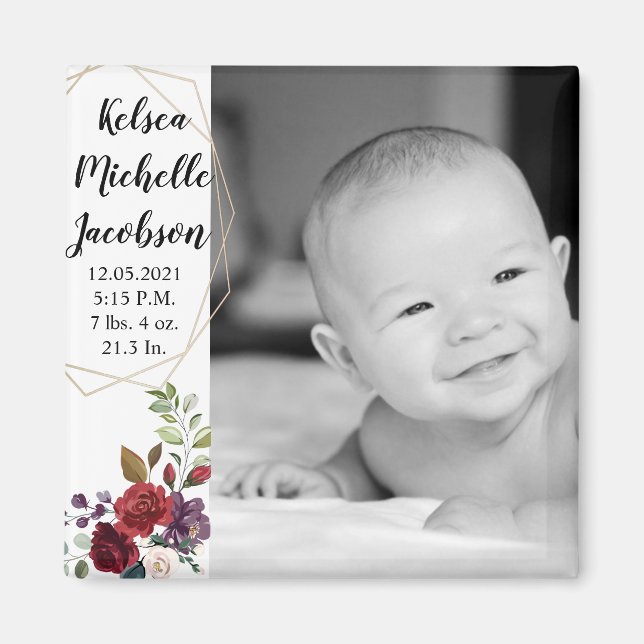 2"x2" Födelsemeddelande Magnet Vit ros Guld G (Framsidan)