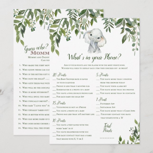 2 x-spel - Storlek, elefant, babystövel 5 x 7 tum Inbjudningar (Fram/baksida)