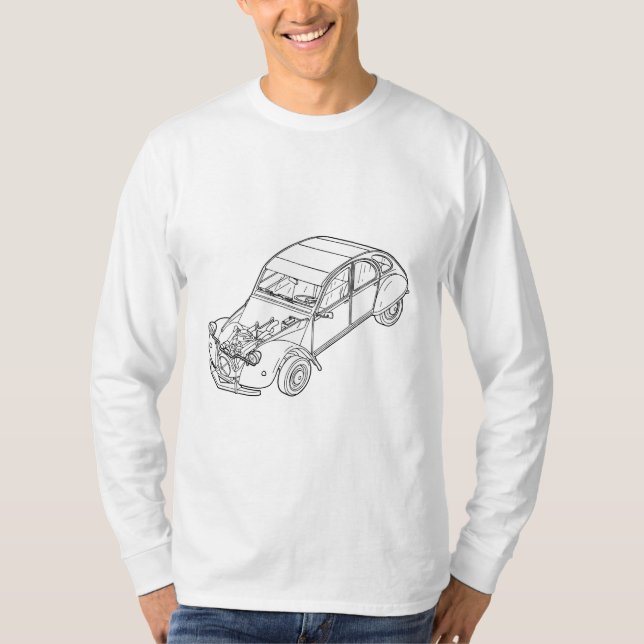 2CV Citroen med den synliga motorn fodrar konst T Shirt (Framsida)