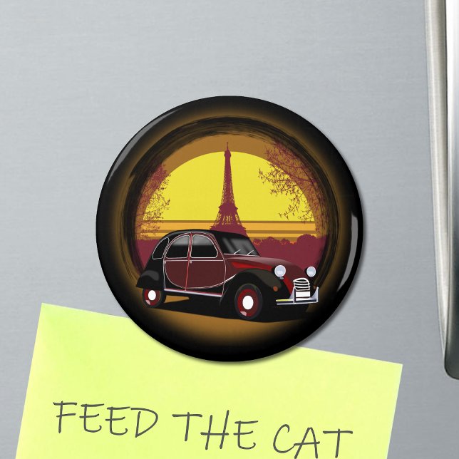2CV Deux Chevaux Charleston Paris Eiffel Torn Sol Magnet (2CV Magnet in Black with a Romantic Deux Chevaux Charleston Eiffel Tower Illustration)