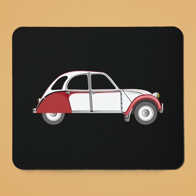 2CV Deux Chevaux Dolly Oldtimer Red Musmatta (2CV Mouse Pad in Black with a White Red Deux Chevaux Dolly Illustration)