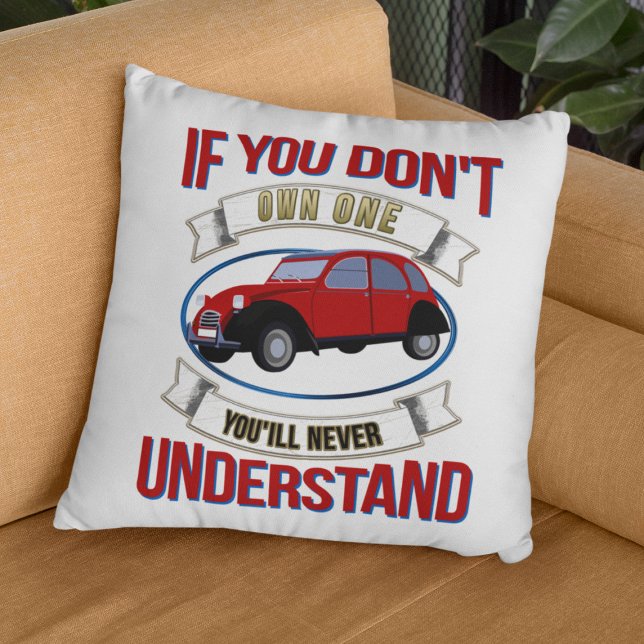 2CV Deux Chevaux Oldtimer Du kommer aldrig att för Kudde (2CV Pillow in White with a Red Blue Oldtimer illustration)