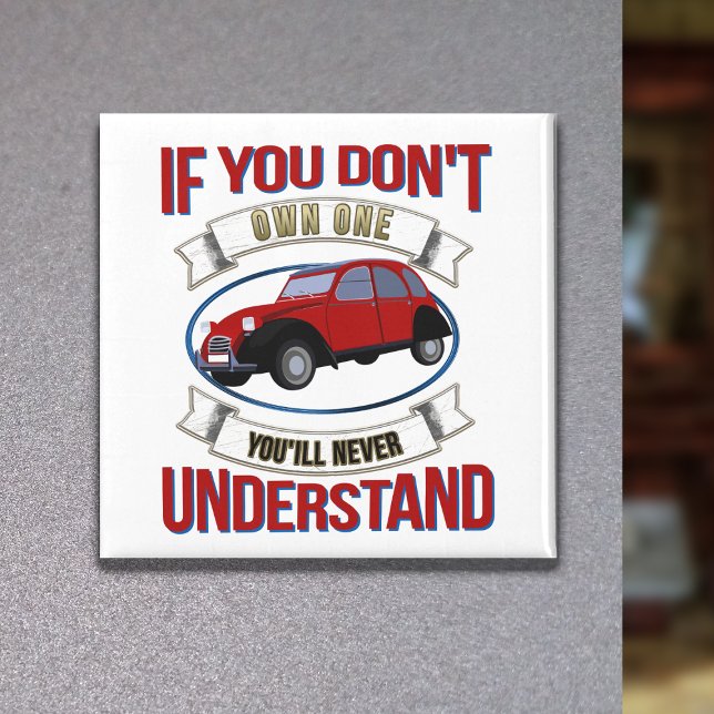2CV Deux Chevaux Oldtimer Du kommer aldrig att för Magnet (2CV Magnet in White with a Red Blue Oldtimer illustration)