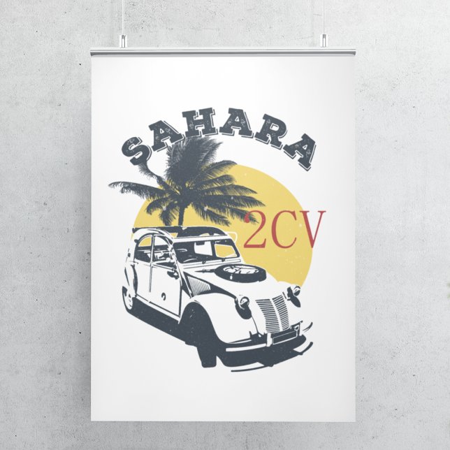 2cv Deux Chevaux Sahara Offroad Oldtimer Poster (2CV Sahara Poster in White with a Dark Grey Yellow and Red Nature Illustration)