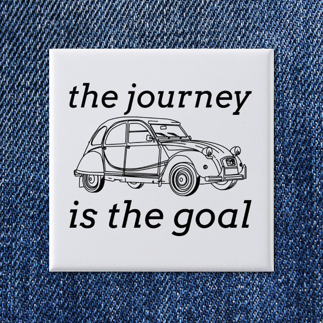 2CV Deux Chevaux the Journey is target Knapp (2CV Minimalistic Button in White with Black Text and Deux Chevaux Illustration)