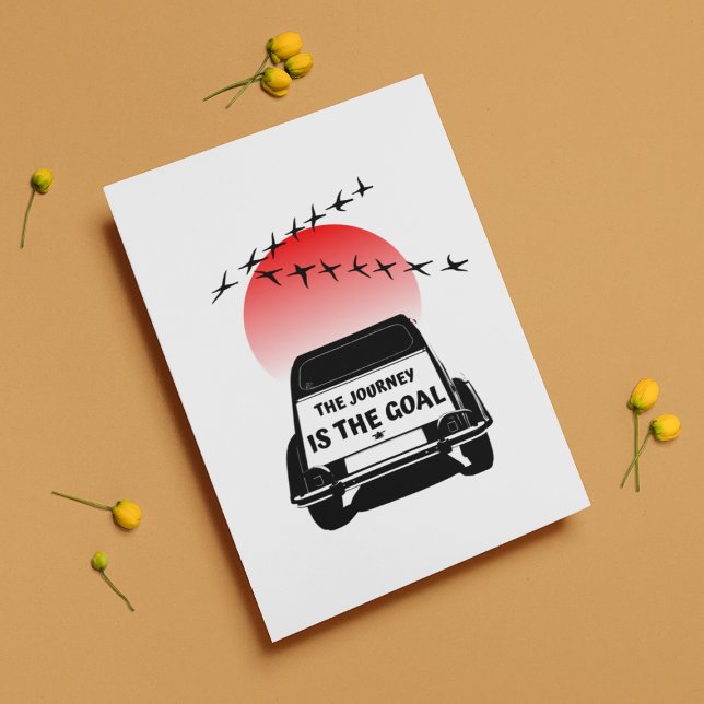 2CV Oldtimer Sunset - Resan är målet Vykort (2CV Postcard in White with a Red Sunset and Birds Illustration)