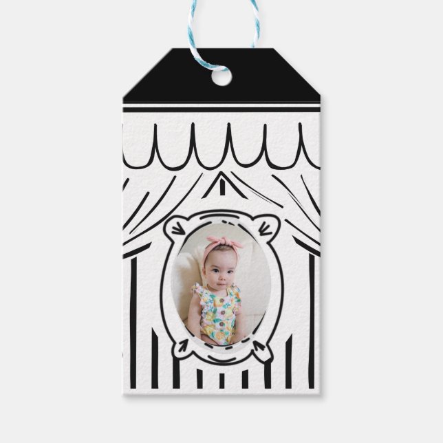 2D-Födelsedagsfestens Tecknad Stil-foto Presentetikett (Framsidan)