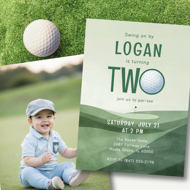 2nd Birthday Golf Par-tee Photo Watercolor  Inbjudningar (Add your favorite photo on the back for a personal, memorable birthday touch.)