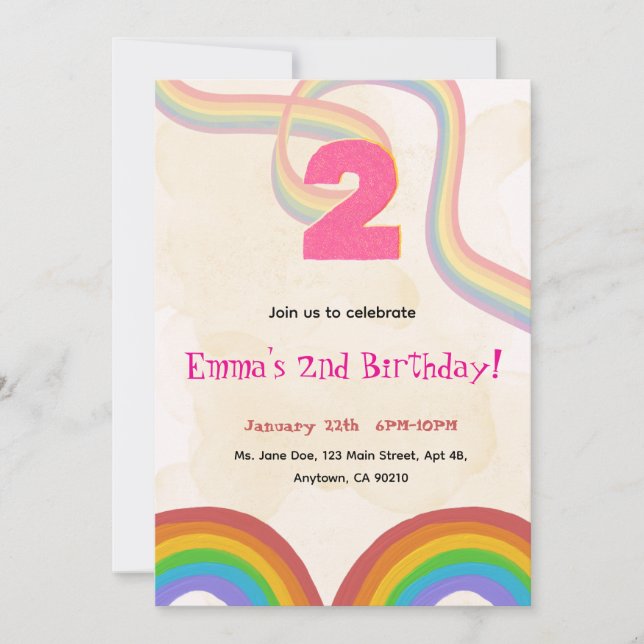 2nd Birthday Invitation Girl Editable Rainbow Inbjudningar (Framsida)