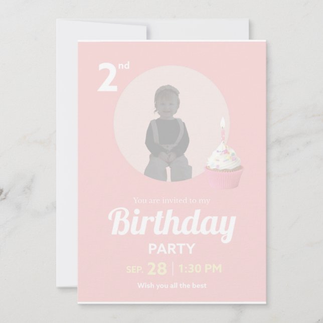 2nd Birthday Party Invitation Pink Cupcake Photo Inbjudningar (Framsida)