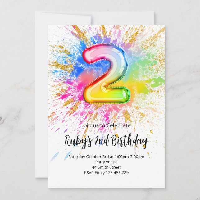 2nd Birthday Rainbow Paint Splash Invitation Inbjudningar (Framsida)