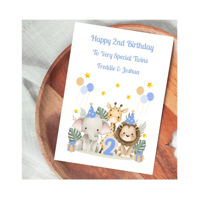 2nd Birthday Safari Animals Twin Boys Card Kort (Skapare uppladdad)