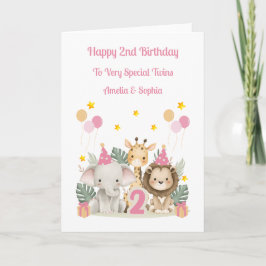 2nd Birthday Safari Animals Twin Girls Card Kort