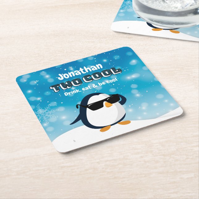 2nd Birthday Two Cool Penguin Boy Underlägg Papper Kvadrat (Vinklad)