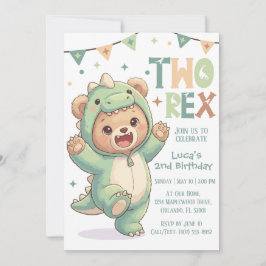 2nd Dino Birthday Party | Cute Teddy Bear Dinosaur Inbjudningar