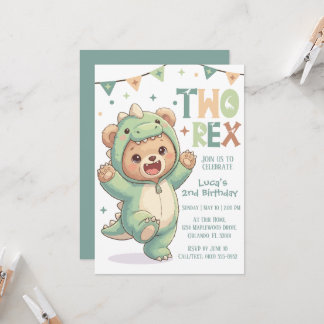 2nd Dino Birthday Party | Cute Teddy Bear Dinosaur Inbjudningar