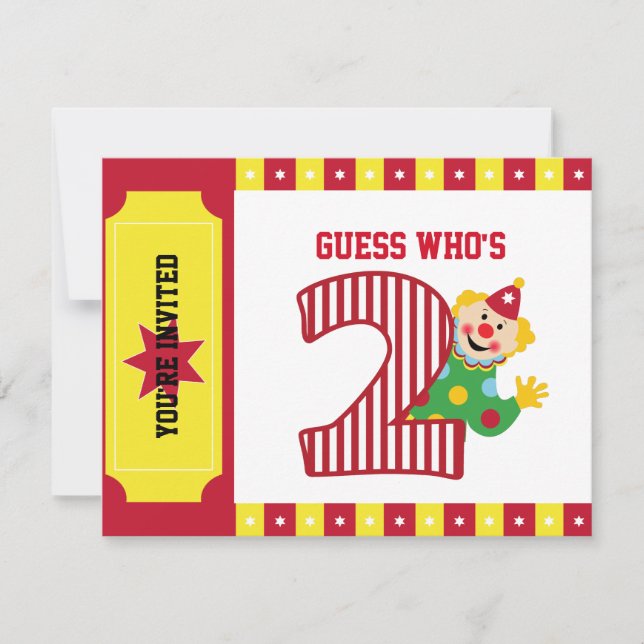 2nd Födelsedag som vinkar cirkusclowninbjudan Inbjudningar (Framsida)